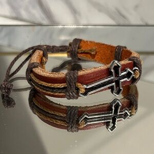 Leather Bracelet with Cross Charm + adjustable